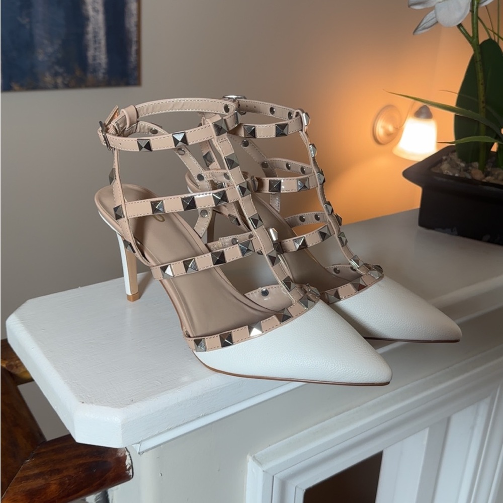 Mix No. 6 White & Nude Studded T-Strap Pointed-Toe Heels - Picture 5 of 5